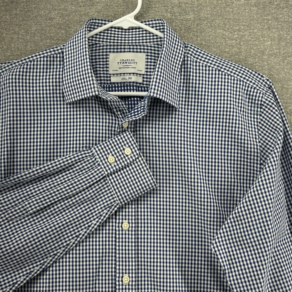 Charles Tyrwhitt Slim Fit Shirt Men Size 17.5/44 Blue Gingham Long Sleeve